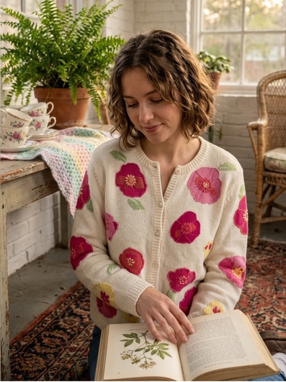 Floral Knit Cardigan Sweater - Cream with Pink Flowers